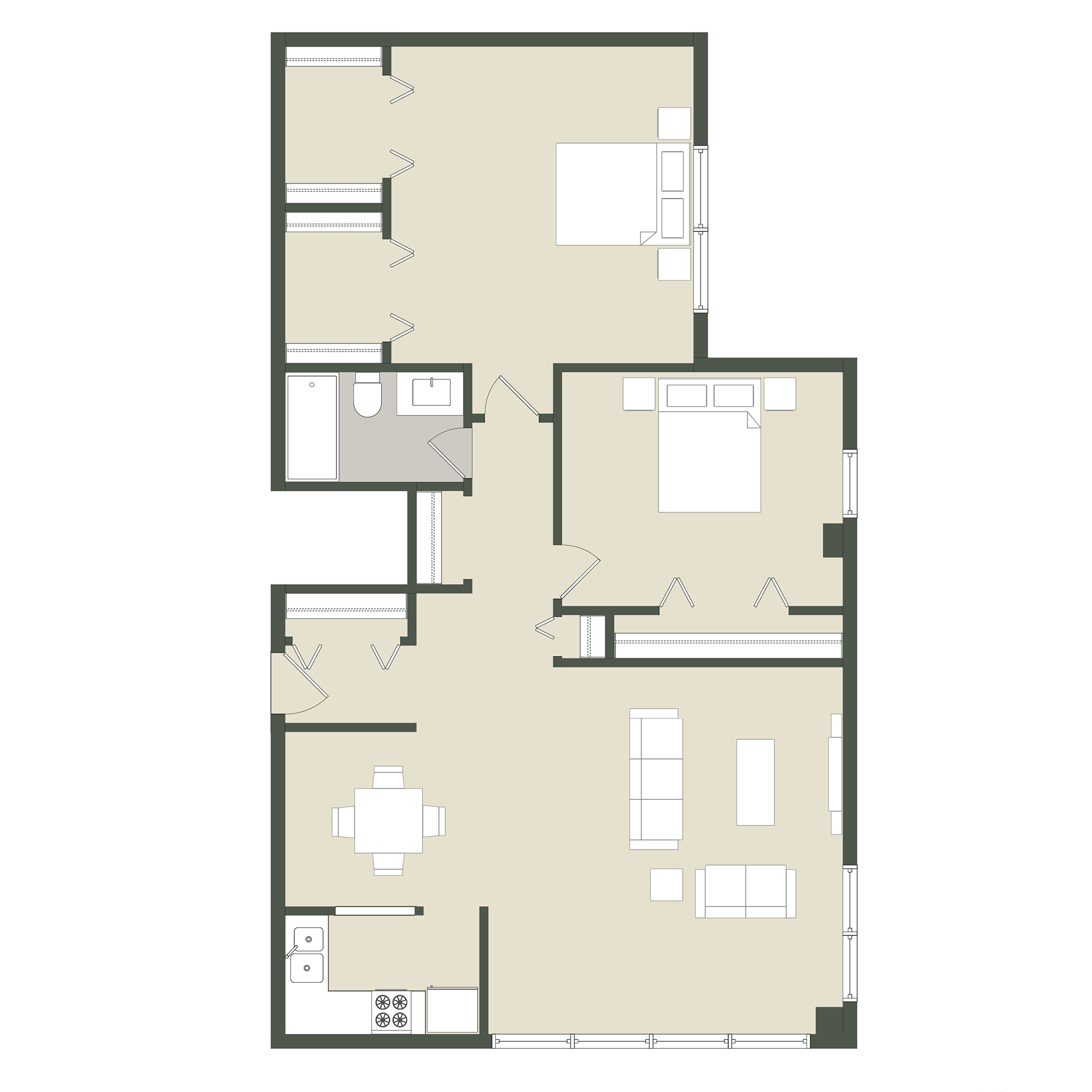 Floor plan for 2 beds, 1 bath, 1222 sqft